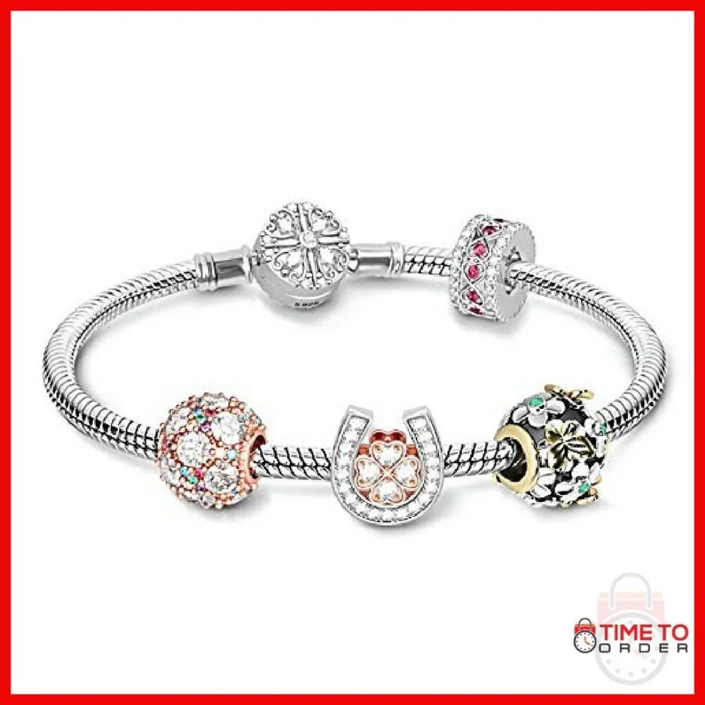 925 Sterling Silver Snake Chain Charm Bracelet with Flower Clusters